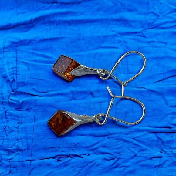 Sterling Silver 925 Women's Amber Drop Dangle Cube Shape Earrings - Picture 10 of 13